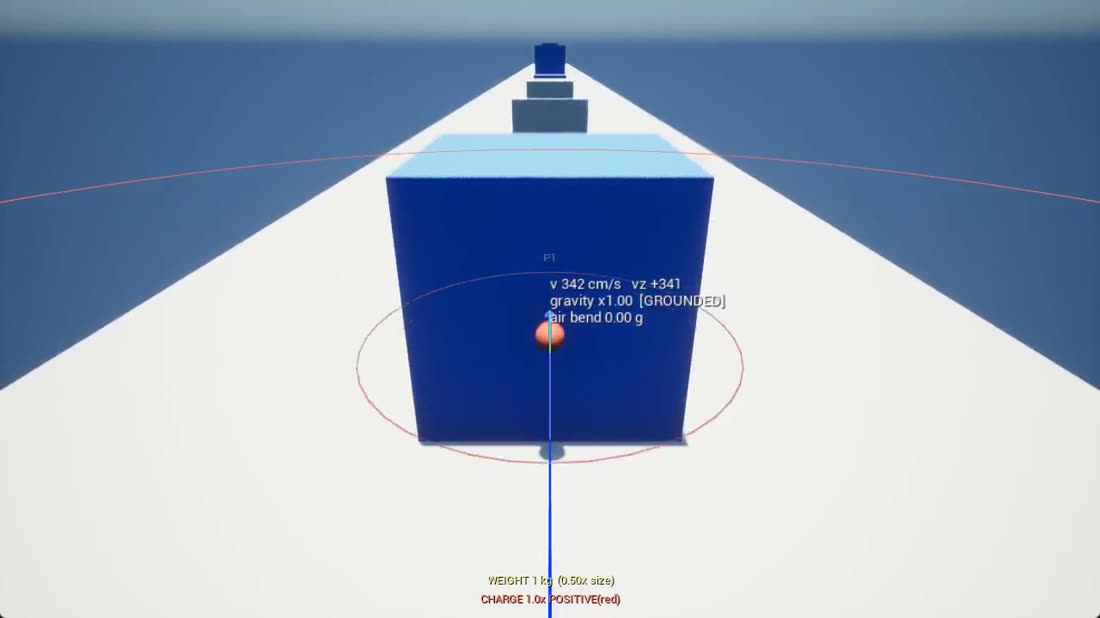 F.I.E.L.D. &mdash; a red magnetic ball clamped to a large blue charged wall, its reach ring drawn around it