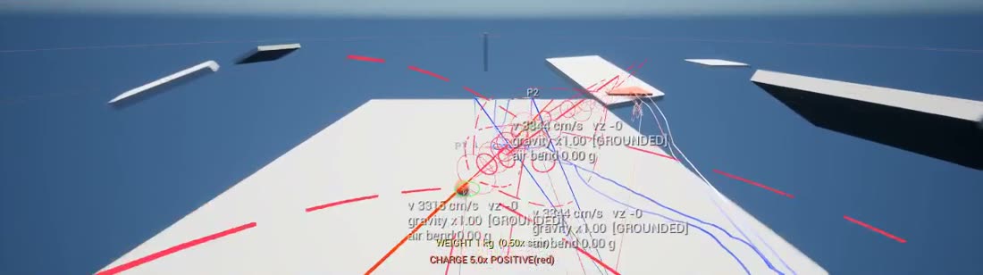 The debug layer: red and blue field lines and velocity readouts drawn over the whitebox level