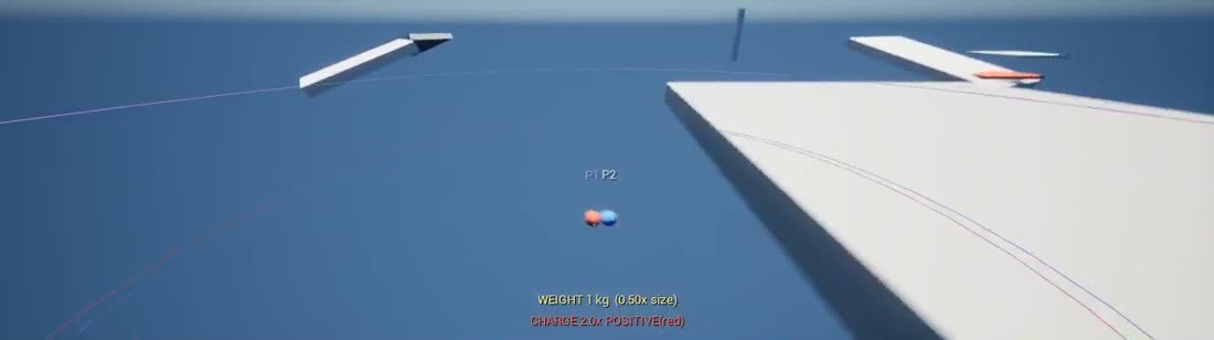 Two balls held apart above a white platform, matching poles repelling