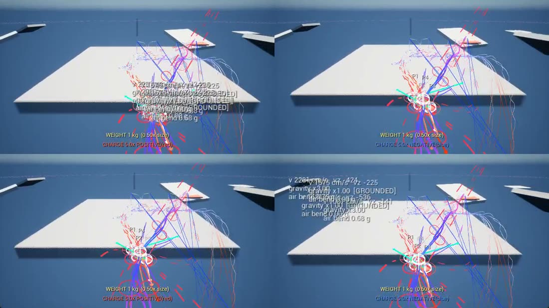 Four-player split screen, four balls with overlapping red and blue field lines