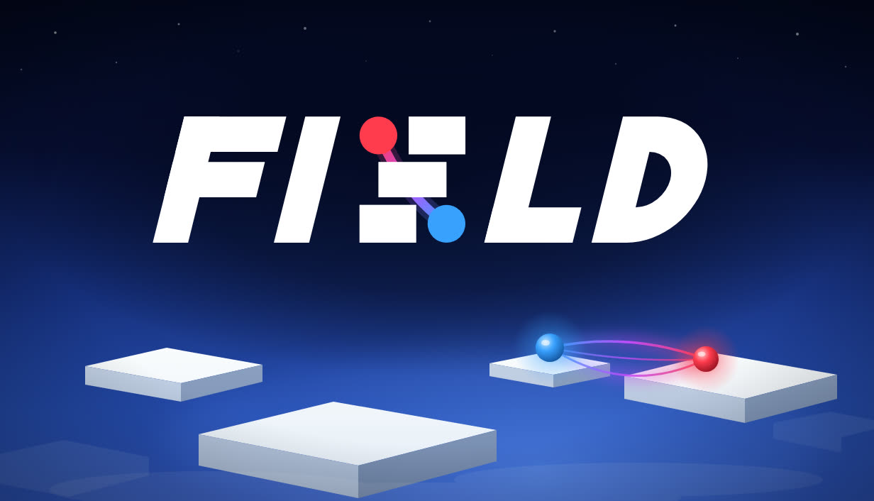 F.I.E.L.D. key art — a red ball and a blue ball joined by field lines above floating white platforms